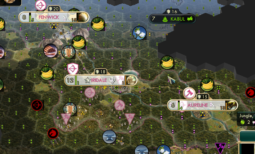 a civilization 5 game with the cities of Iridale, Aureline, and Fenwick from Aralise