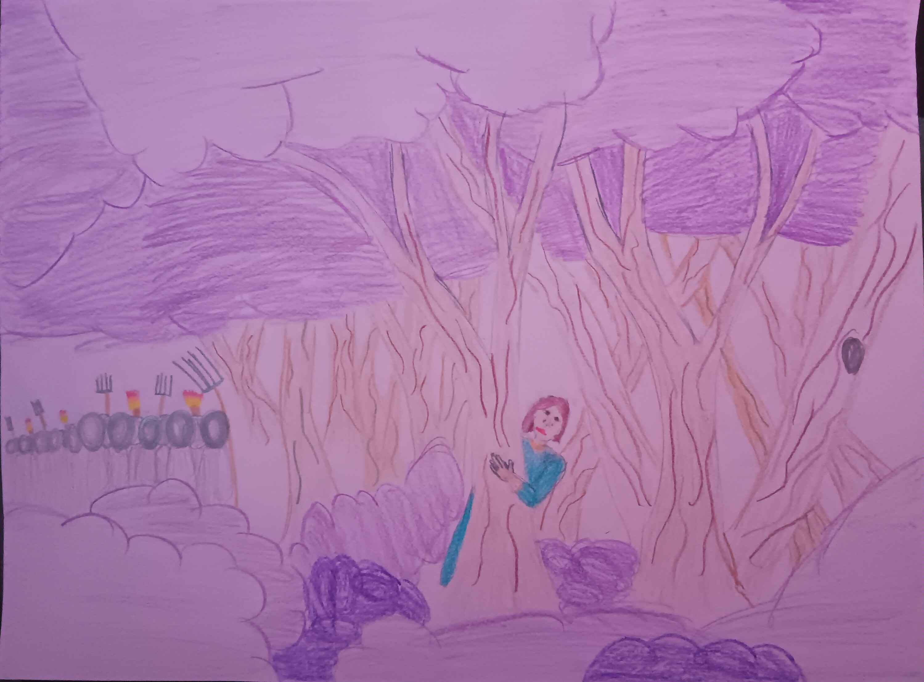 colored pencil drawing of a woman hiding from a torch and pitchfork wielding mob in a purple forest