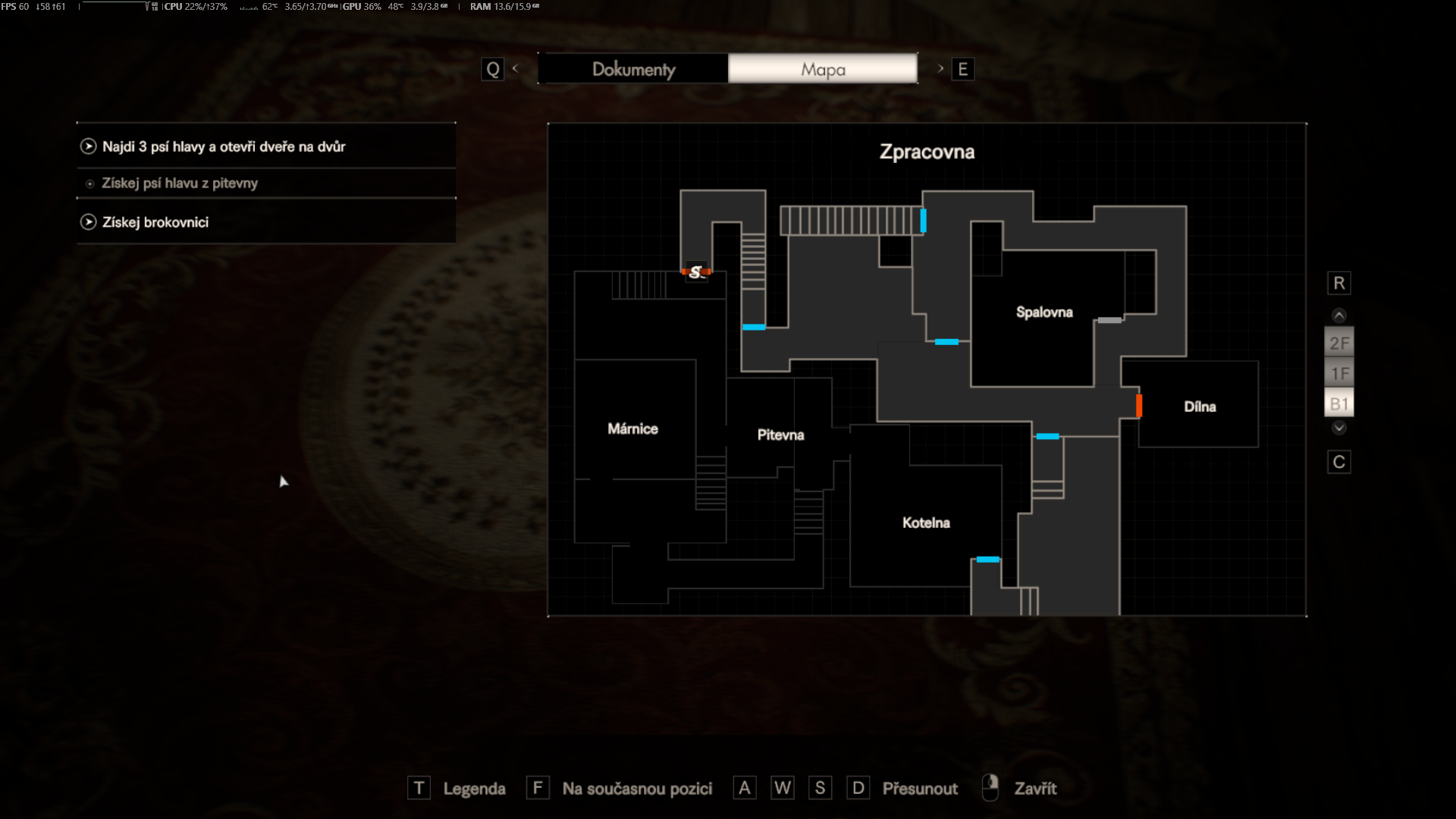 the map and pause menu of RE7 in Czech