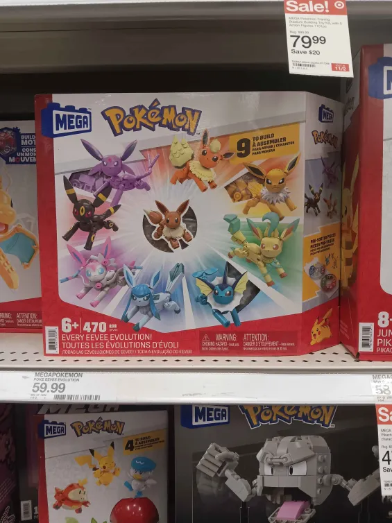 a mega blok toy including eevee and all her evolutions.