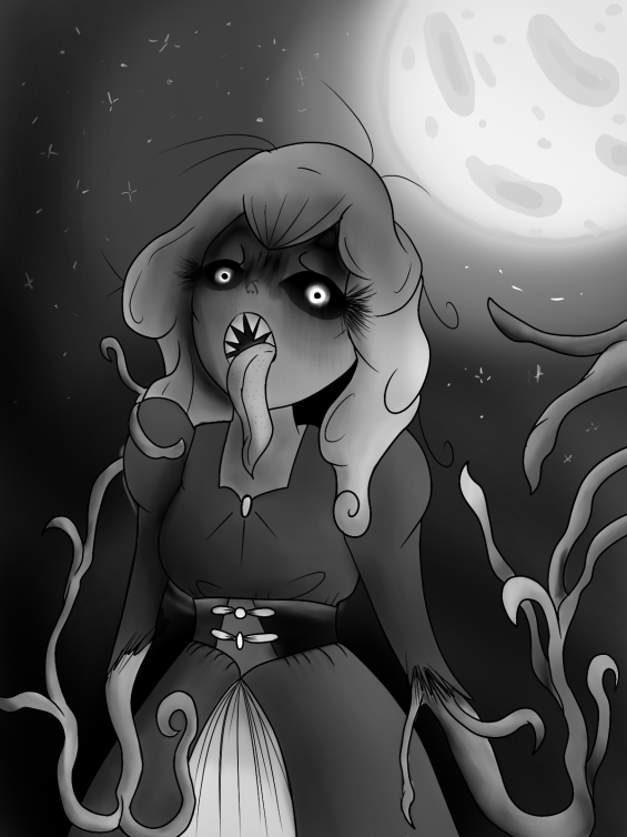 creepy woman with long tongue and tentacles under the full moon