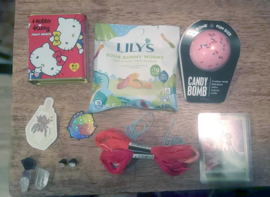 The contents of the babywormcore giftbag