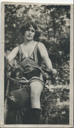 My flapper great great grandma riding a motorcycle in the 1920s.