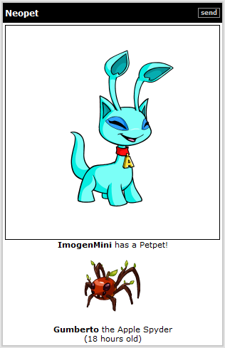 an aisha neopet with an apple spyder petpet.