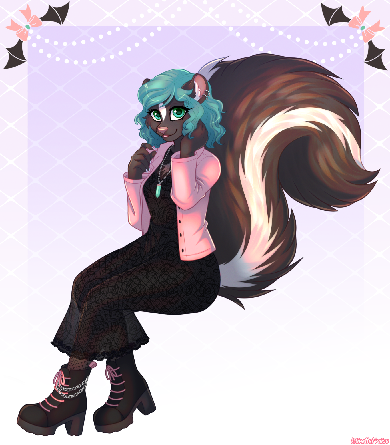 Art of a pastel goth anthropomorphic skunk with teal hair.