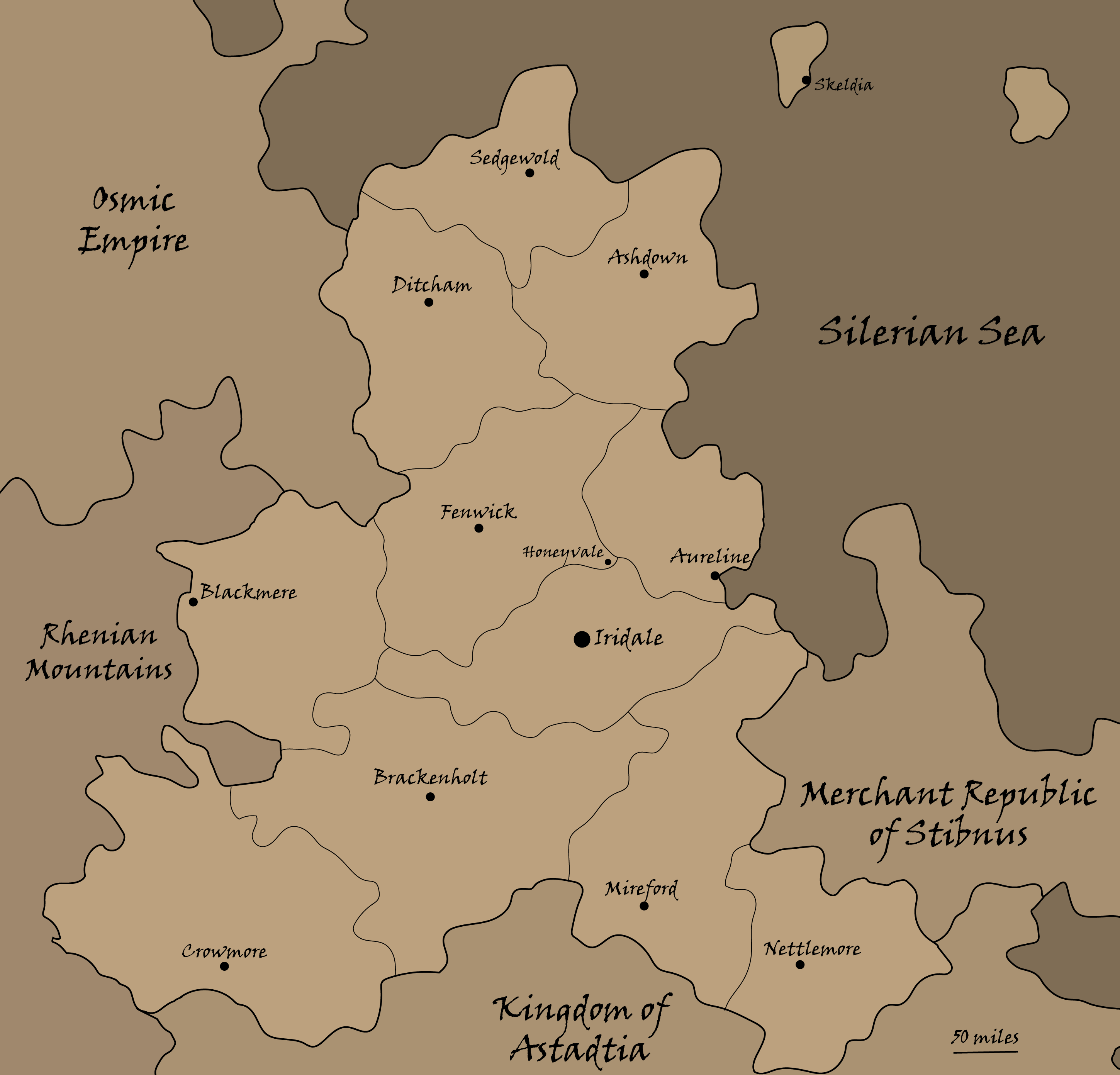 a map of the country of iridia showing its cities and provinces