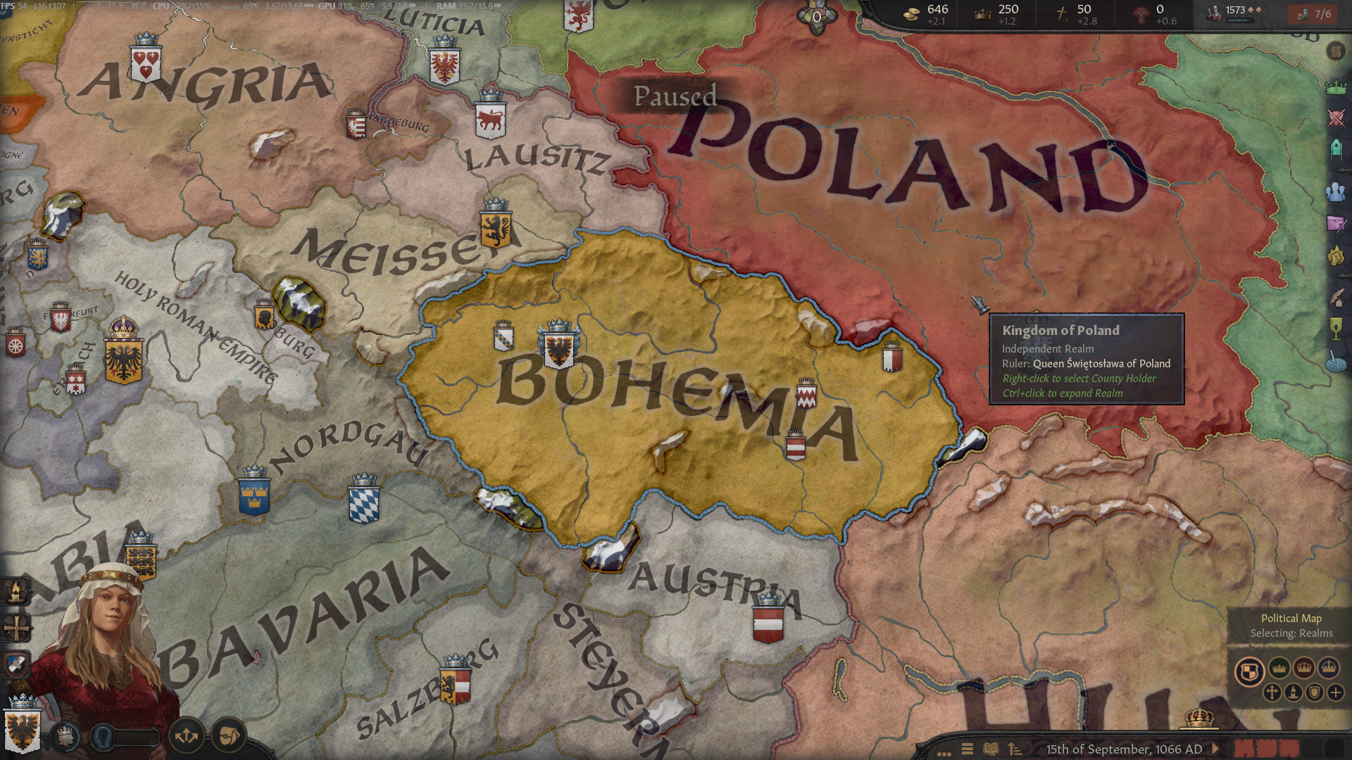 A screenshot of Crusader Kings 3 showing a Queen of Bohemia preparing to invade Poland.