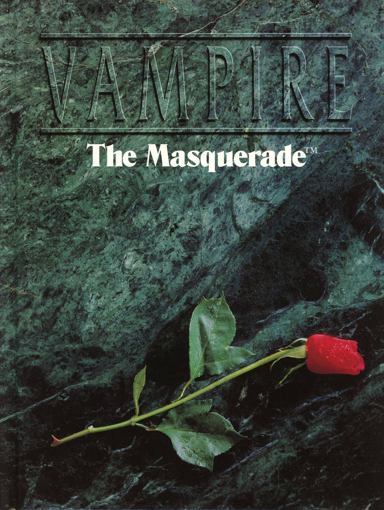 The cover of Vampire the Masquerade 2nd Edition featuring a rose on marble