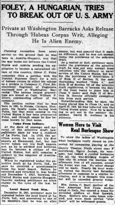 a newspaper article discussing Oliver C Foley's attempt to avoid being drafted as he is an Austro-Hungarian citizen. He has filed a writ of Habeas Corpus.